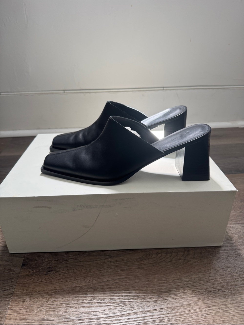 St. Agni Black Leather Square-Toe Block Heel Mules